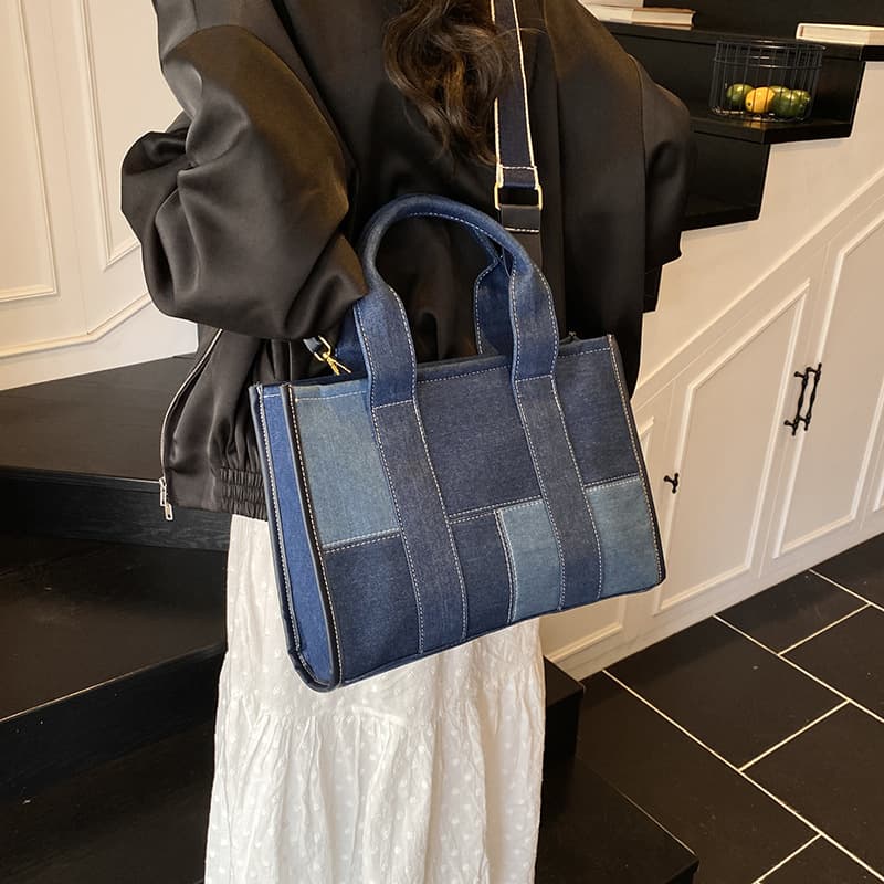 Lady's Large Capacity Denim Bag Women 2025 New Fashion Contrast Color Shoulder Crossbody Tote Handbag