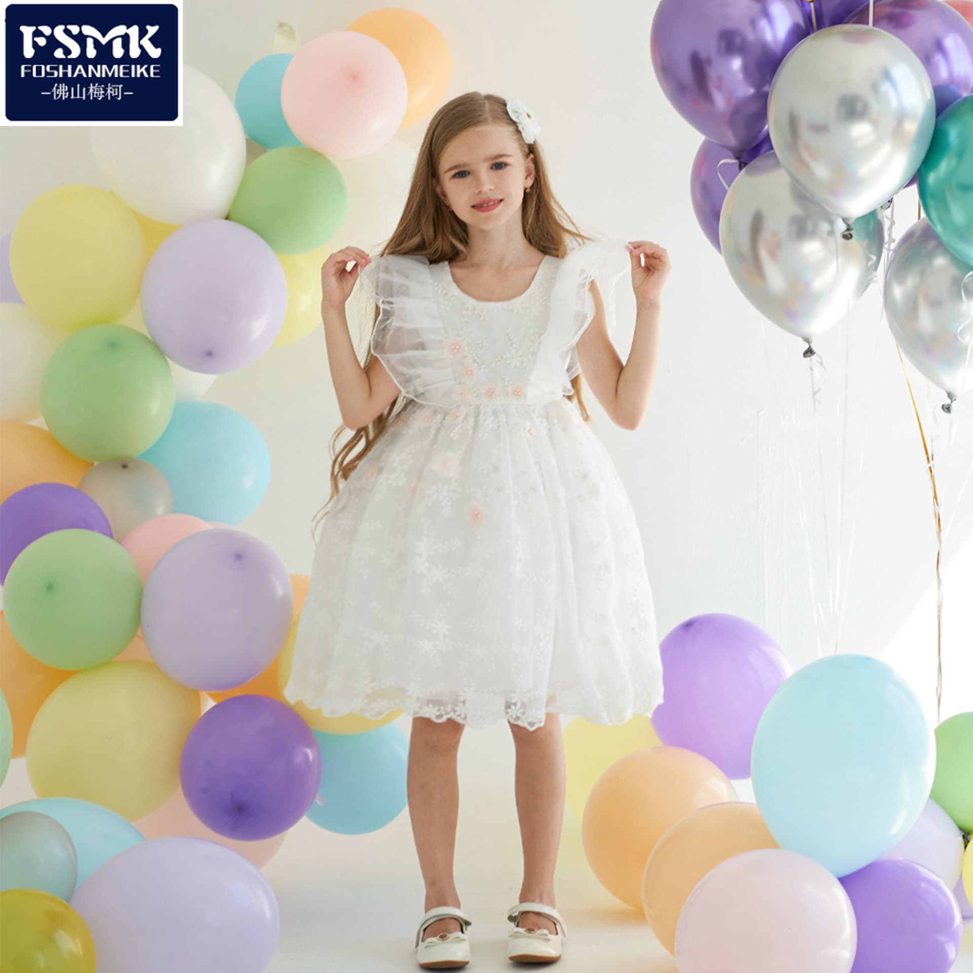 Princess Dress Children's Performance Gown Fairy Tale White Tulle Skirted Puffy Sleeves Flying Sleeve Girls Piano Show Outfit