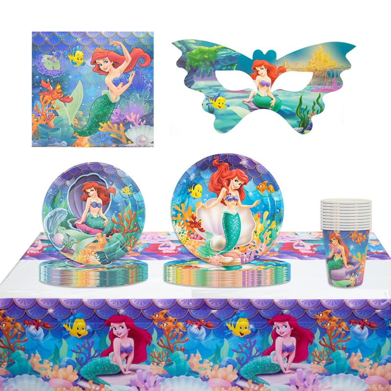 Three Generation Mermaid Spot Cartoon Kids Birthday Party Supplies Disposable Paper Cup Paper Plate Paper Cup Tableware Set