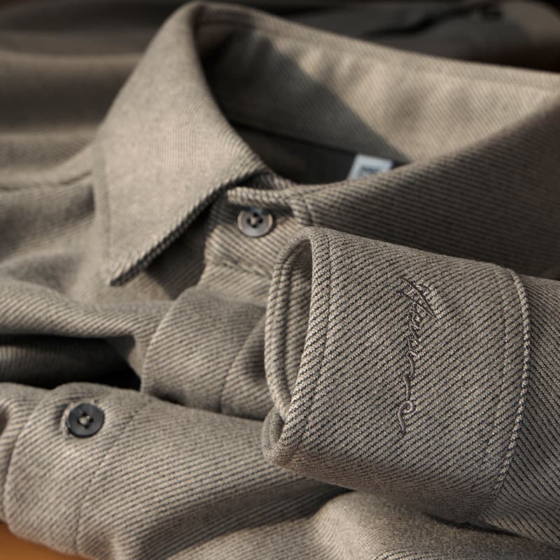 Light Luxury Winter Thick Warm Brushed Wool Brown Shirt Men's Long-Sleeved Slim Casual Embroidered Shirt for Men