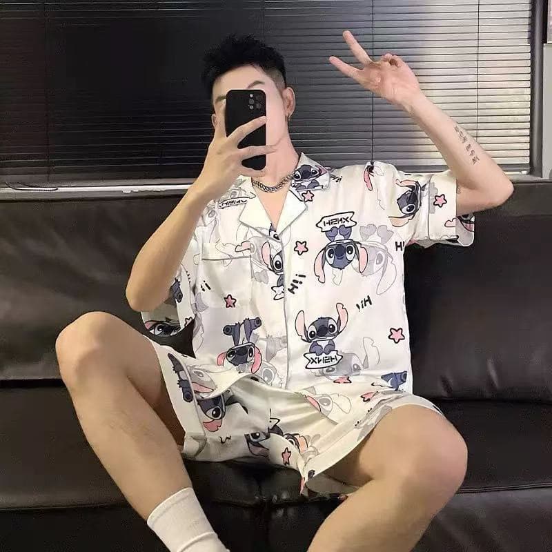 Men's New Summer Ice Silk Short Sleeve Shorts Cardigan Homewear Summer Thin Two-Piece Set