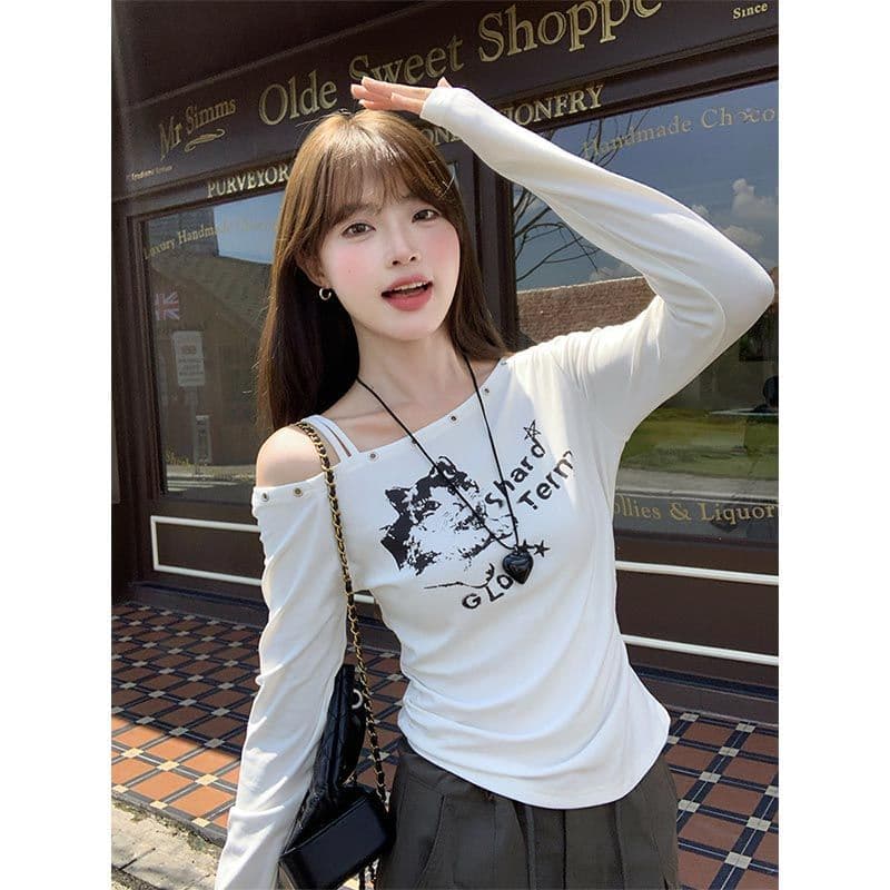 White Off-Shoulder Long-Sleeve Top Women's Inner Layer 2026 Early Autumn New Stylish One-Shoulder T-Shirt Base Layer