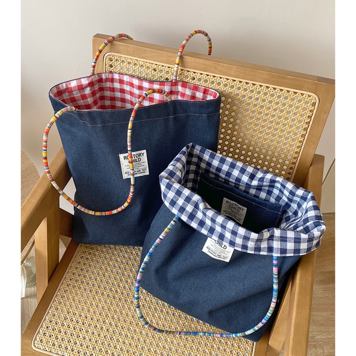 American double-bread plaid denim canvas bag, versatile commuter tote bag, retro contrasting color handbag available on both sides