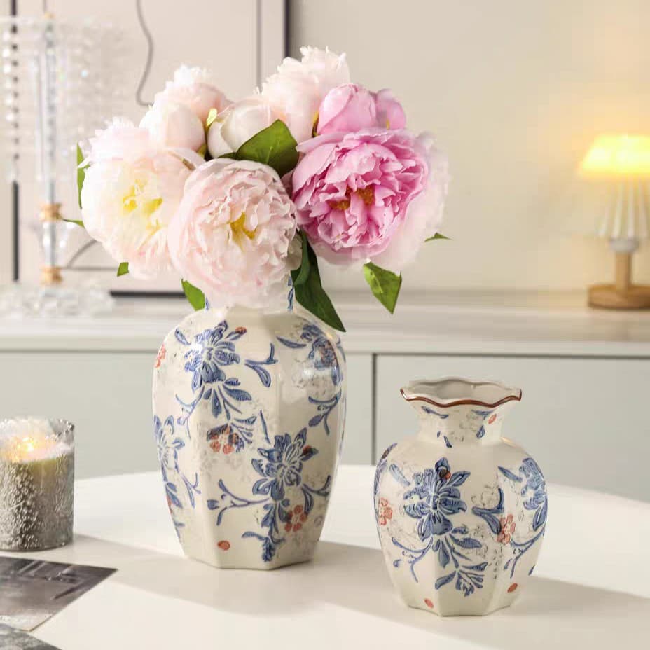 New Chinese Style Vintage Blue and White Porcelain Ceramic Vase for Flower Arrangement, Living Room Entryway Fresh Flower Decoration, Home Ornament