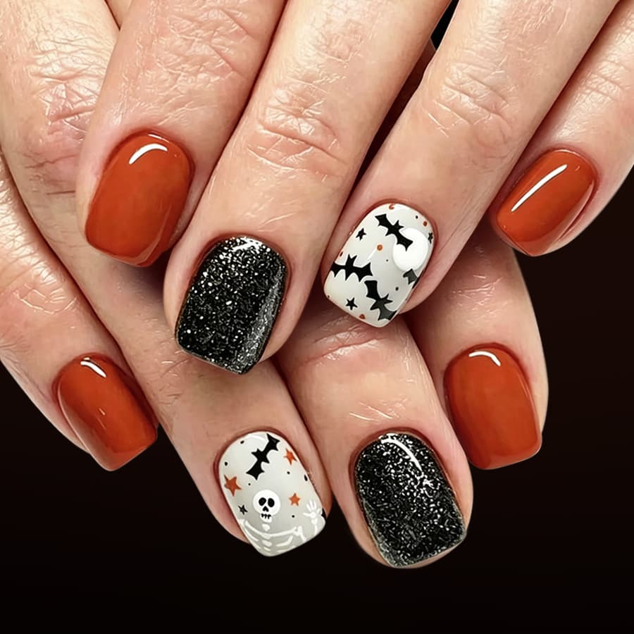 Short Glossy Square Nails, European and American Cross-Border Orange-Brown Bat Skull Star Glitter Halloween Press-On Nails 24 Pieces