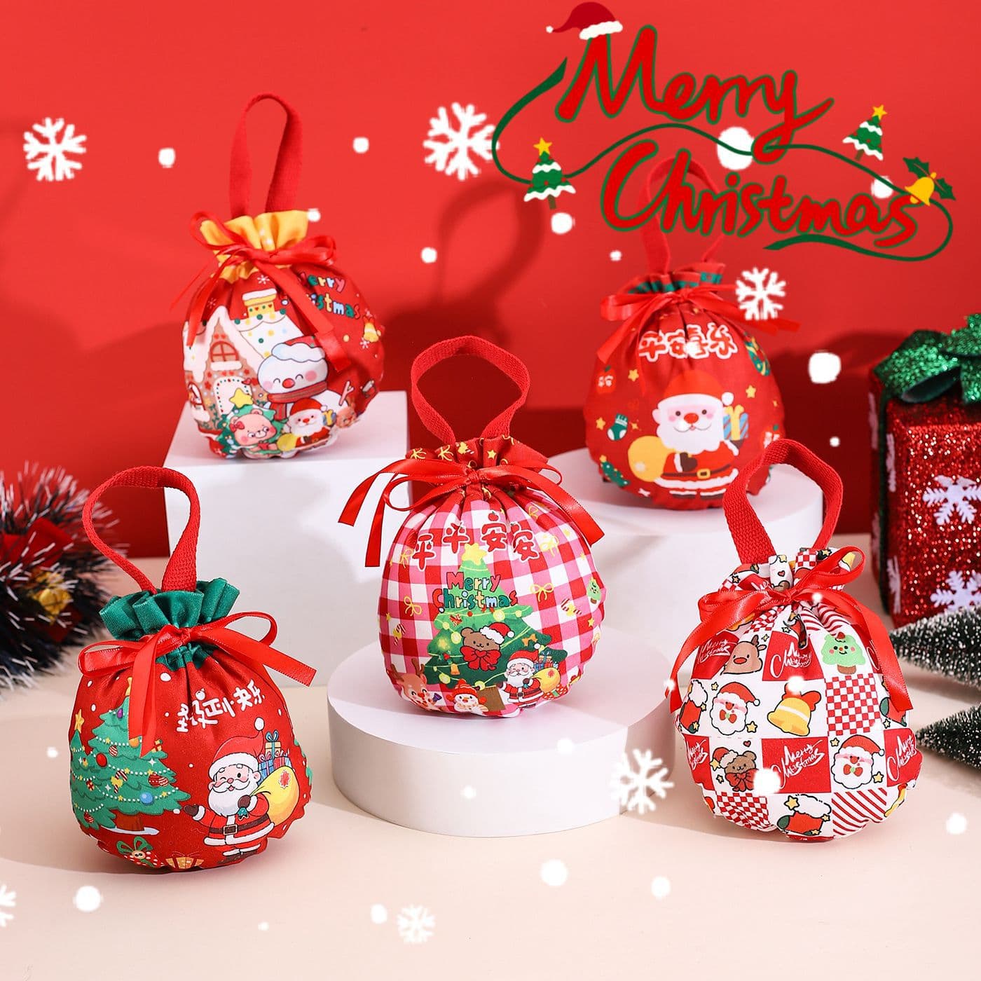 Christmas apple bag, Christmas candy bag, premium foldable handle, velvet, Christmas Eve apple, peace apple