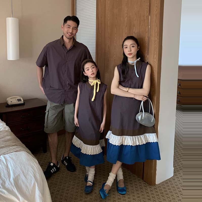 Vintage Premium Family of Three Parent-Child Outfit 2026 New Contrast Lace Mother-Daughter Dress Shirt Set Trend