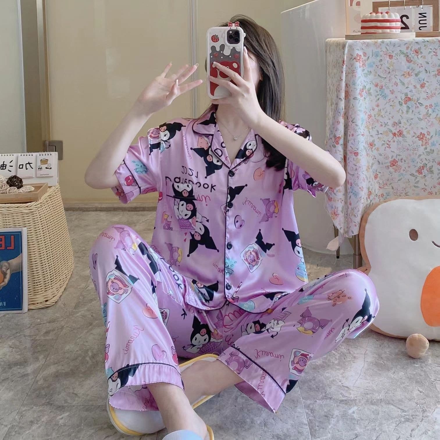 Summer New Ice Silk Pajamas Women Short Sleeve Thin Loose Silk Cartoon Homewear Live Streaming Hot Selling Set