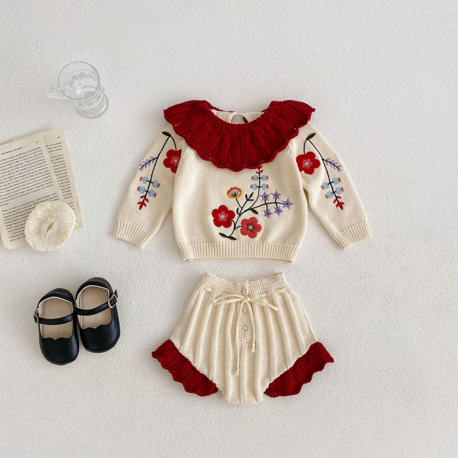 2026 Fall New Baby Girl Knit Set Embroidered Ruffle Collar Top and Lace Trim Pants 2-Piece Set