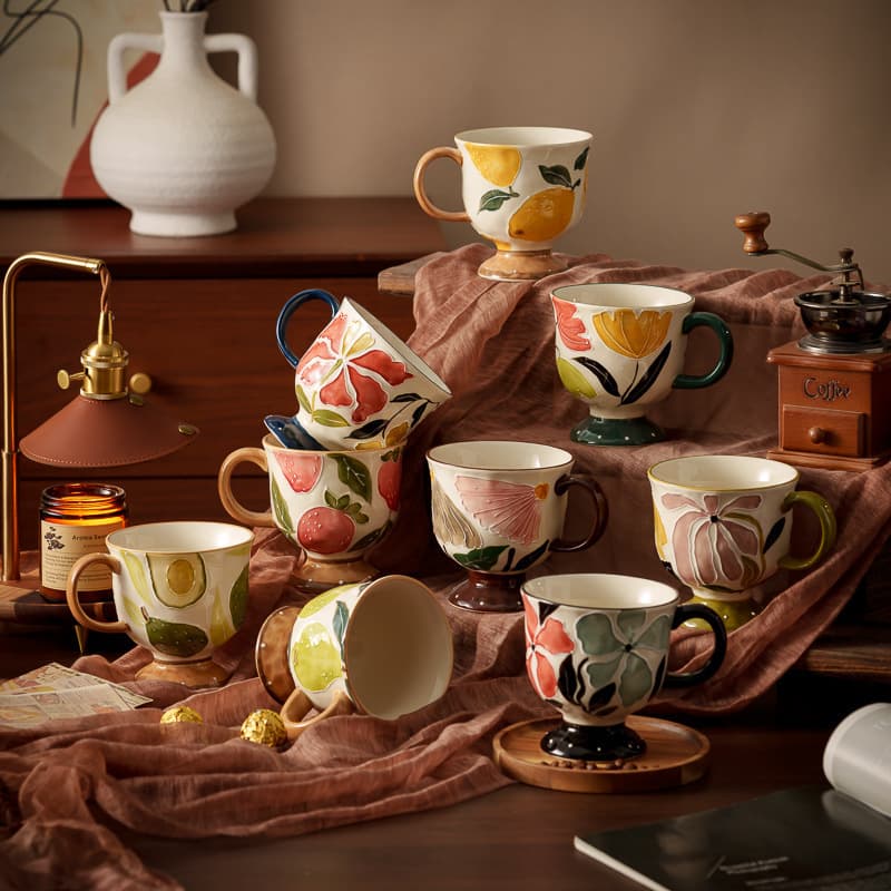 Embossed high-footed morning tea cup, medieval ceramic breakfast cup with handle, oatmeal coffee cup, light luxury high-end foreign trade water cup