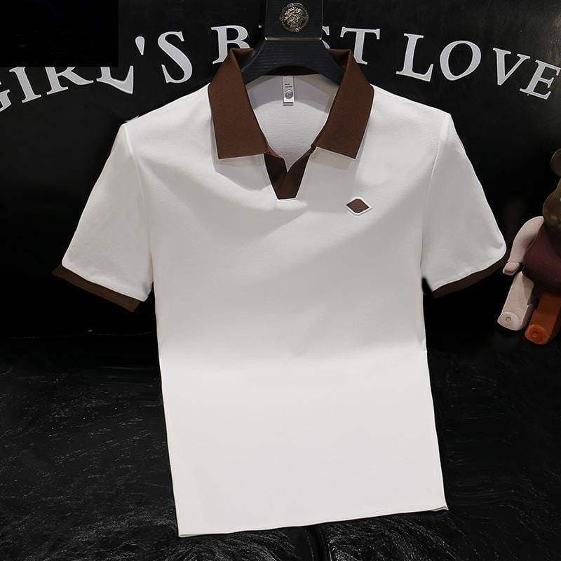 Men's V-Neck Polo Shirt Summer Short Sleeve Turn-Down Collar T-Shirt 2026 New Trendy Contrast Color Slim Fit Top