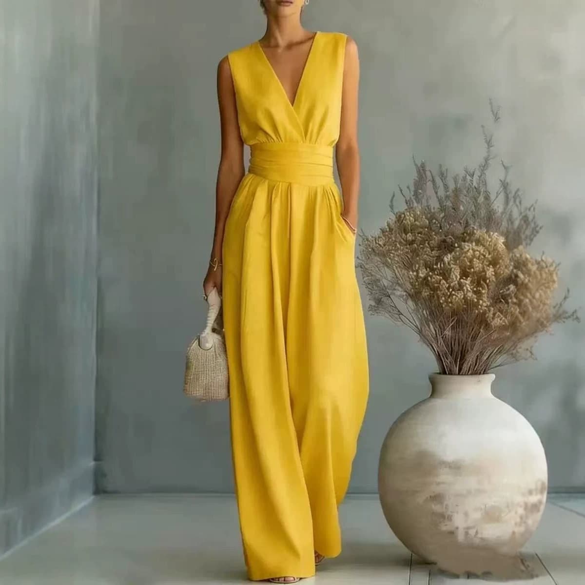 2026 European and American Cross-Border Spring and Summer New Amazon Elegant Sleeveless Waist-Cinching V-Neck Stylish Women's Jumpsuit