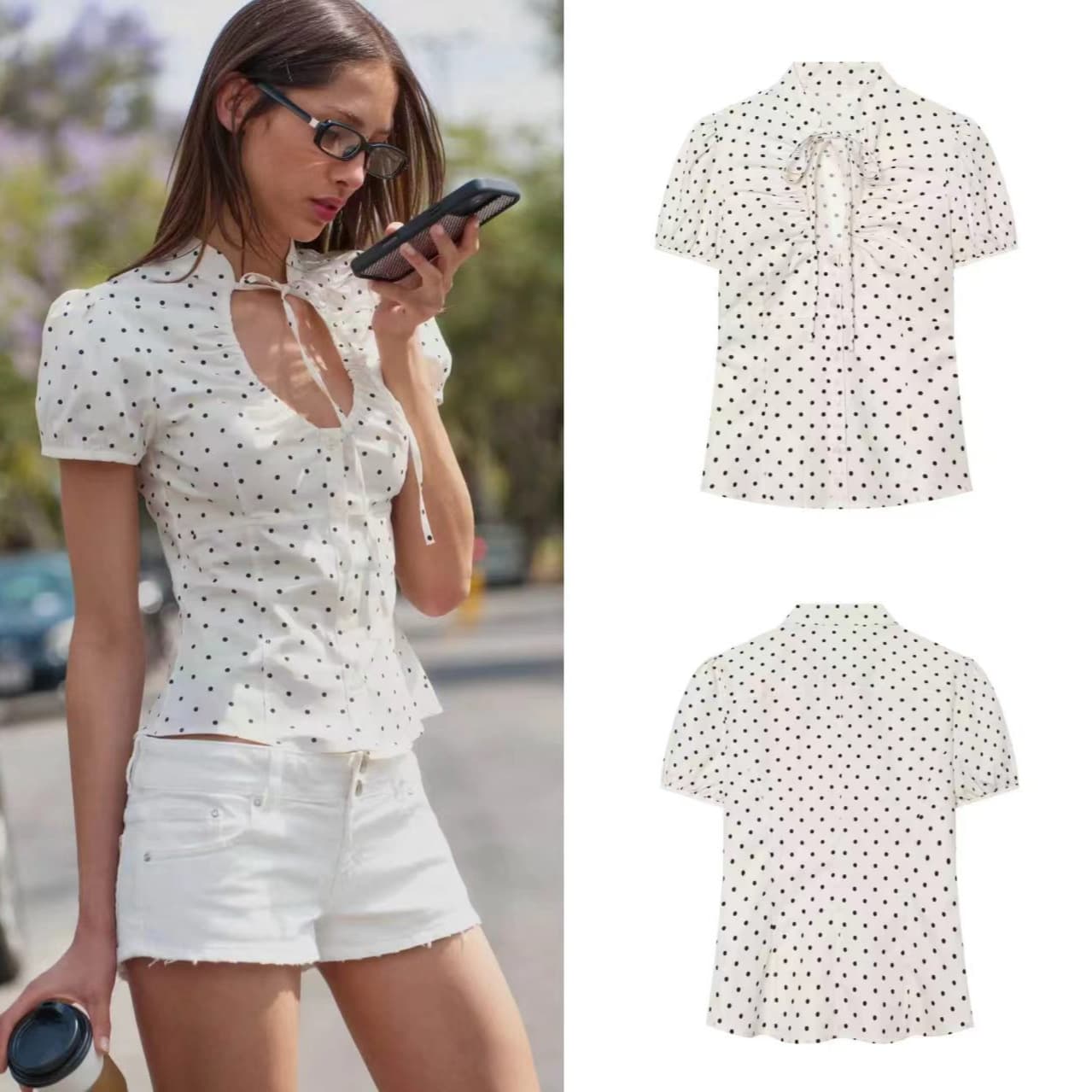 Cross-Border European and American 2026 Summer New French Fashion Hepburn Style Polka Dot Spicy Girl Style Short-Sleeve Top with Bow Decoration