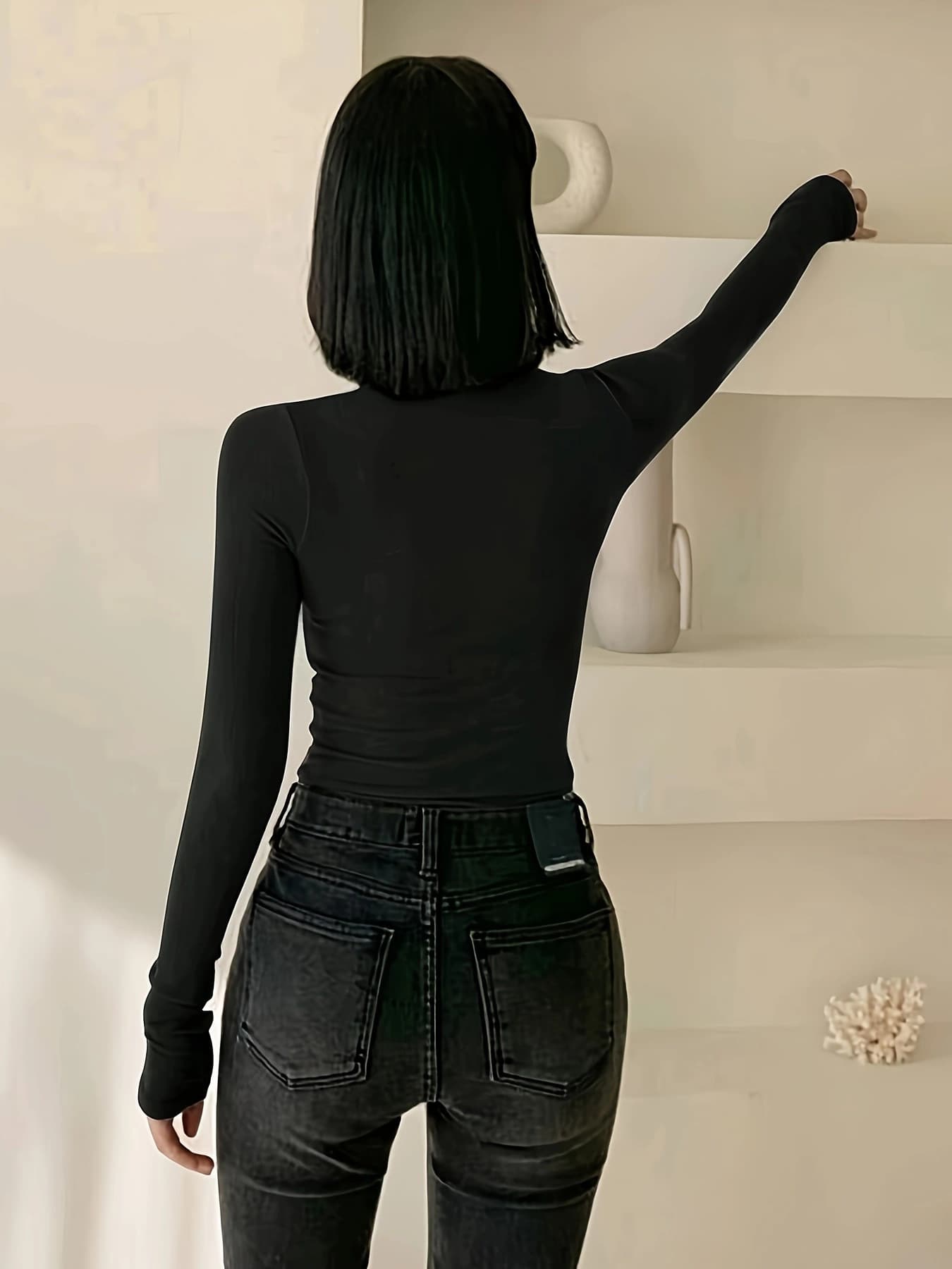 2025 Cross-border E-commerce Amazon Elegant Women's Slim Fit Long-Sleeve High Neck Top, Solid Color Stretch Polyester Blend