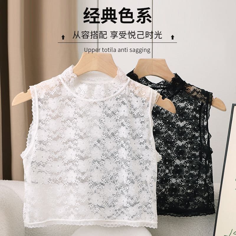 New High-End Lace Fake Collar Half High Neck Short Sleeveless Lace Trim Spring/Autumn Inner Layer Lace Top