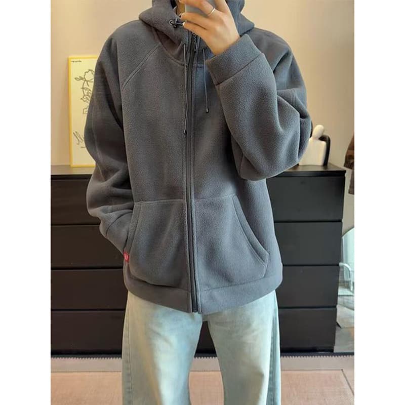Dark gray American retro polar fleece cardigan sweatshirt for men, autumn/winter high-end sense hoodie short pile fleece jacket