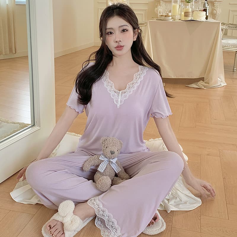 Modal Pajamas for Women, Summer Thin Short-Sleeved Long Pants, 2026 New Style, Lace with Chest Pads, Summer Home Wear Set