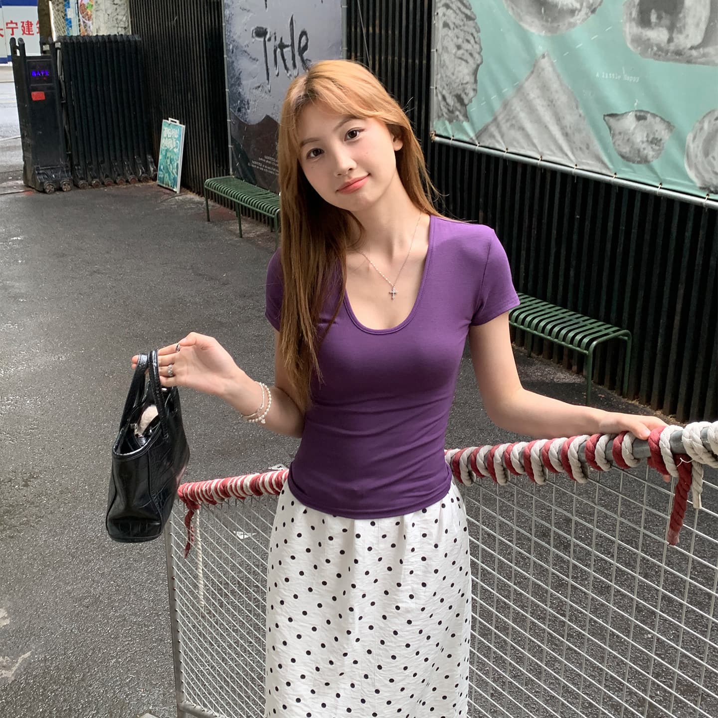 Purple U-Neck Short Sleeve T-Shirt for Women 2026 New Summer Style Korean Slim Fit Figure-Flattering Top