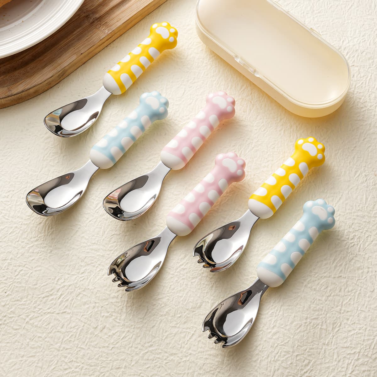 316L Stainless Steel Ingot Spoon Cute Cat Claw Children's Spoon Cute Portable Spoon Fork Box Baby Food Feeding Spoon