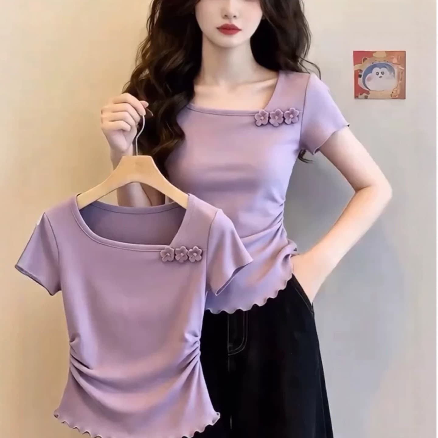 2026 New Purple Short Sleeve T-Shirt Summer 3D Floral Slim Fit Women's Versatile Top Fashion