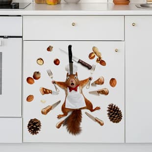 ACC34199 Funny Chef Squirrel Nut and Fork Knife Refrigerator Sticker, Self-Adhesive Removable Kitchen Fun Decoration