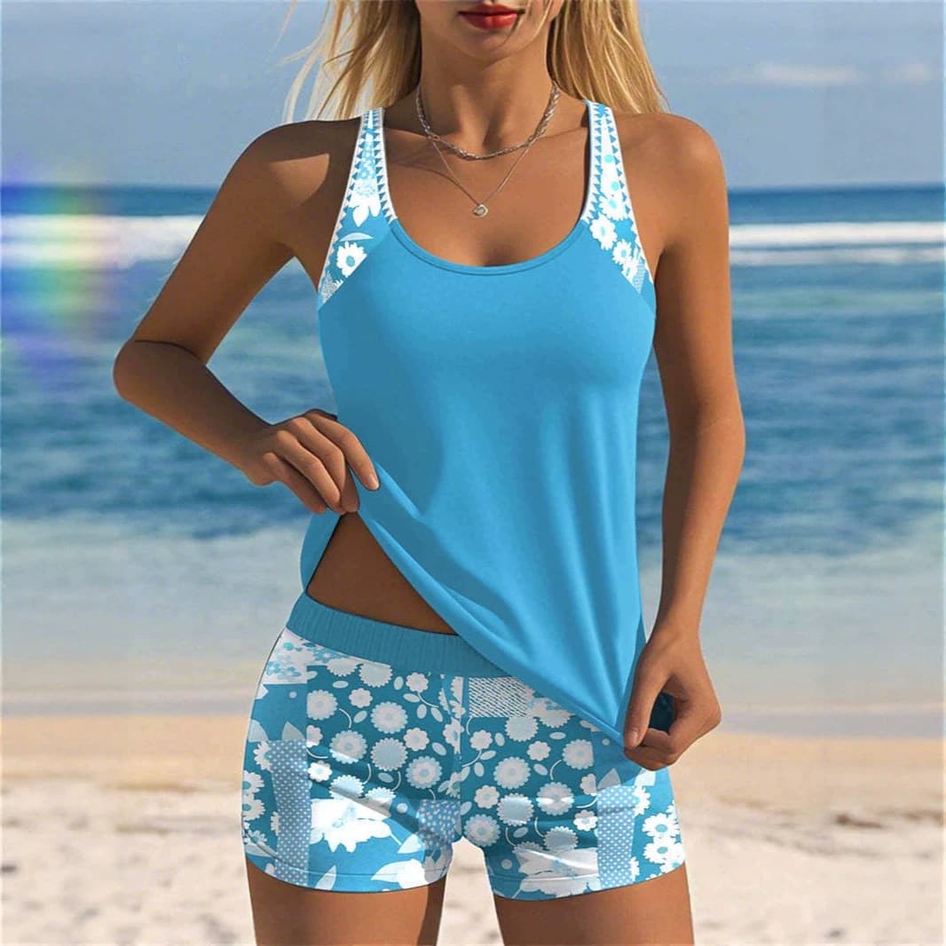 2026 New European and American Printed Two-Piece Swimsuit Women's Conservative Quick-Dry Boyshorts Cross-Border Export Swimwear