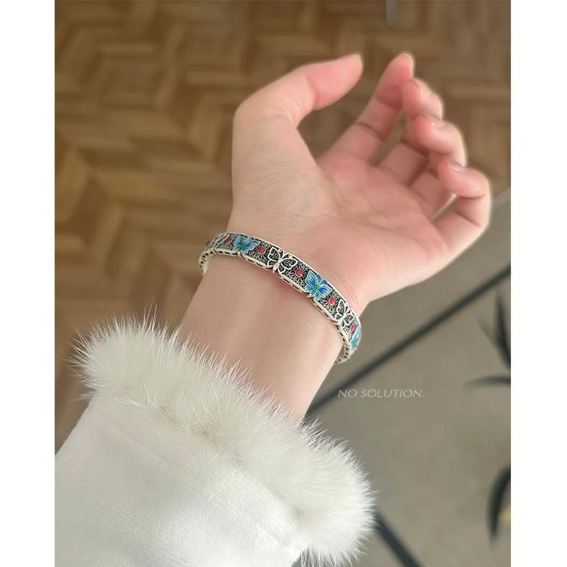 Genuine 9999 Pure Silver Ancient Style Butterfly Bracelet for Women, Versatile Ethnic Minimalist Feel, Niche Elegant Personality Design