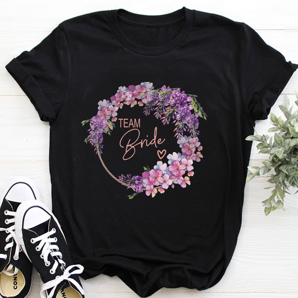 Team Bride Wedding Bridesmaid Bachelor Party Wreath Print Short Sleeve T-Shirt Women Top eBay Amazon