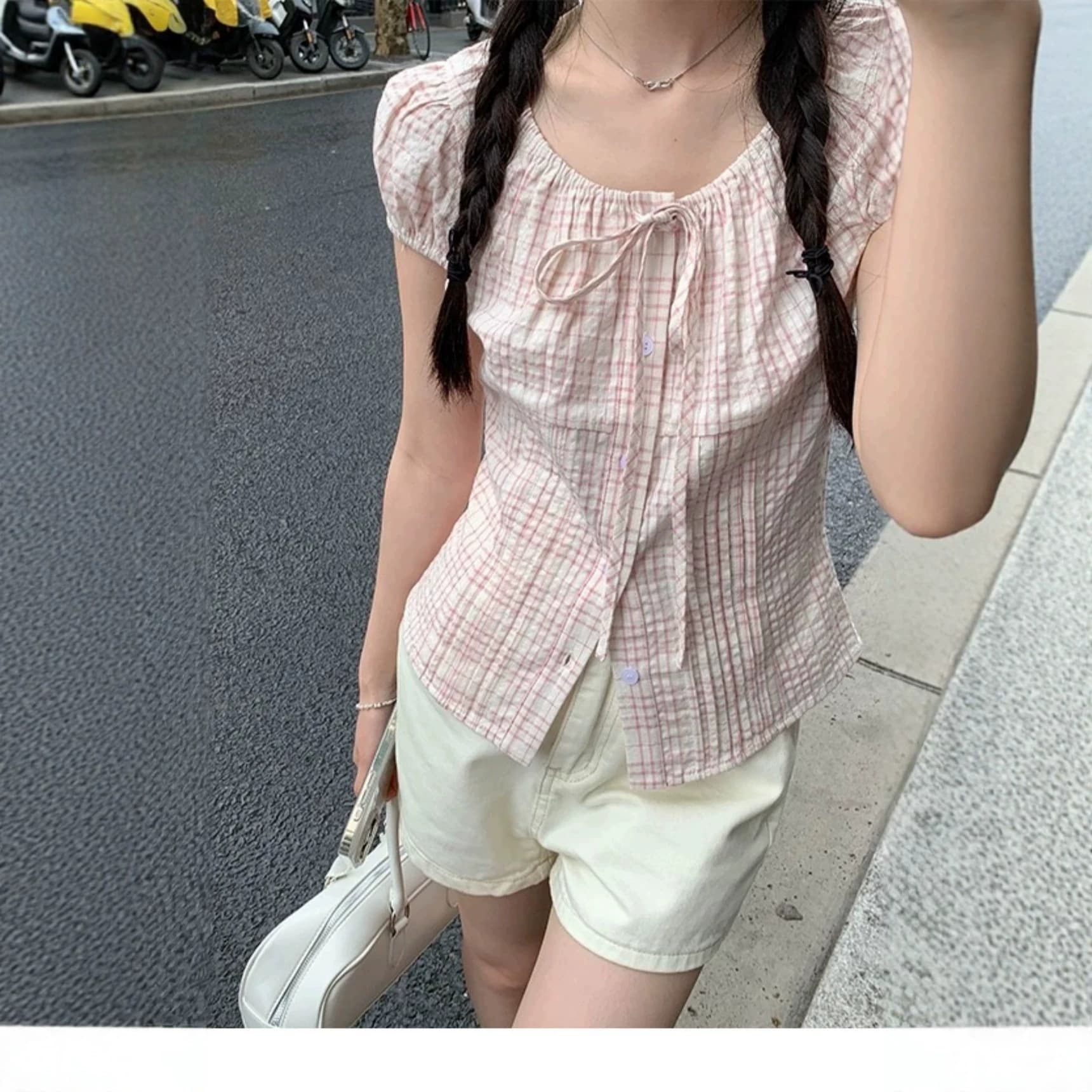 Sweet Pink Bow Puff Sleeve Gingham Short Sleeve Shirt Women's 2026 New Design Vintage Fitted Waist Shirt
