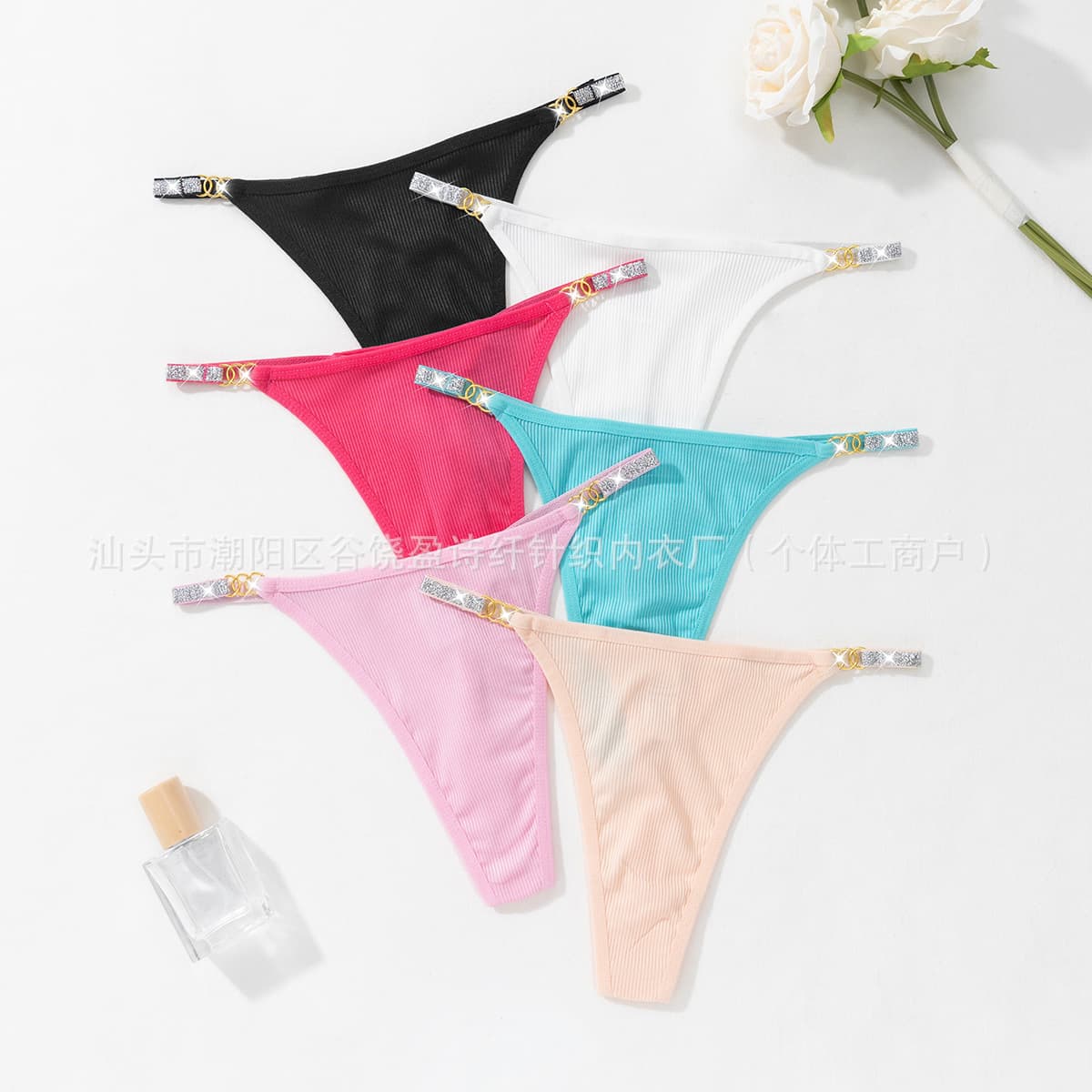 Factory Wholesale Export Women's Sexy Striped Thong Metal Accessories Thin Strap Rhinestone Triangle Panties