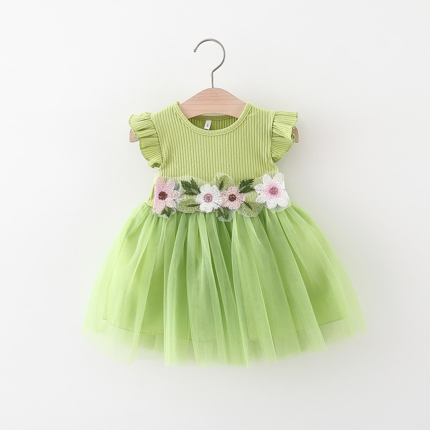 2024 Summer New Mesh Tutu Dress with Row of Words on Waist, Girls' Flutter Sleeve Ribbed Mini Dress