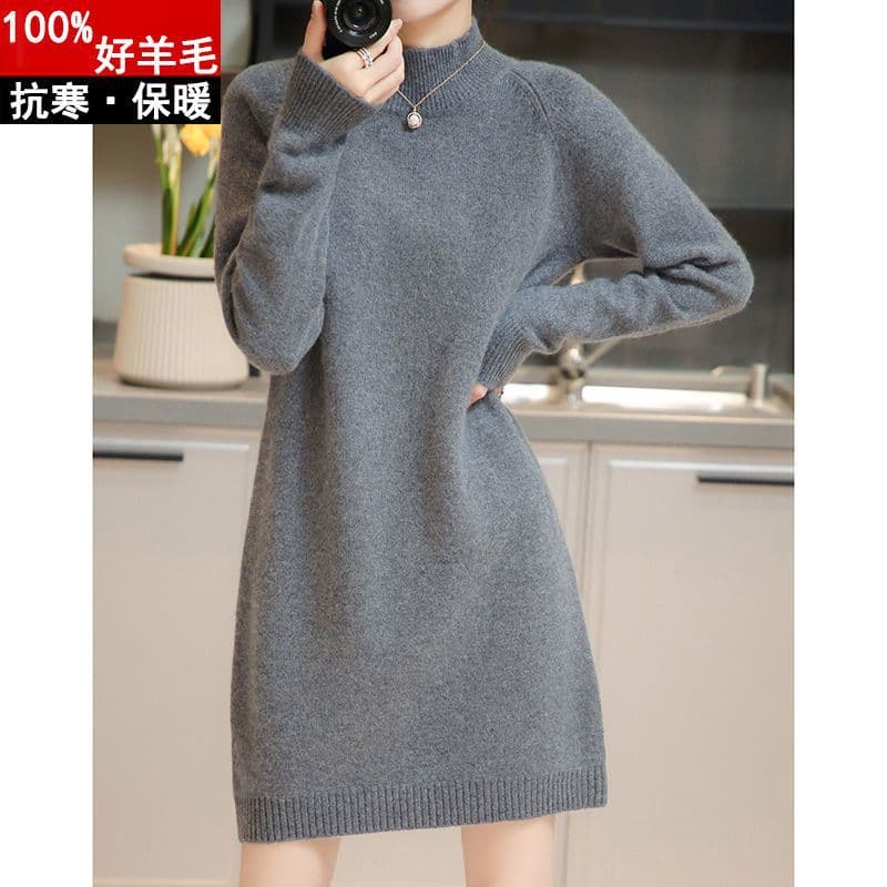 Women's Mid-Length High-Neck Pure Wool Sweater, Autumn/Winter New Style, Loose Fit, Thickened Pullover Sweater, Base Dress (Free Shipping)