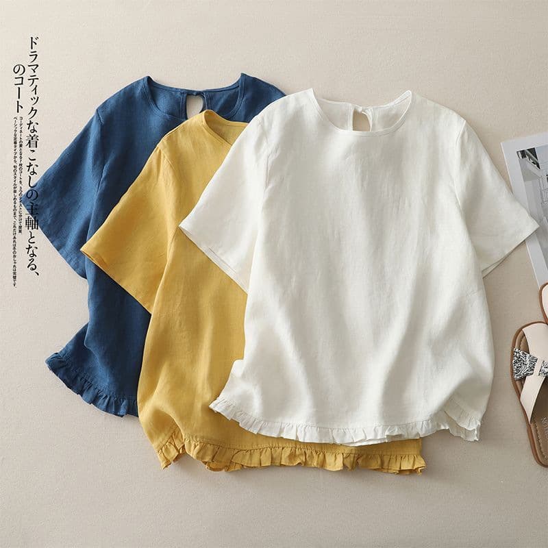 2026 New Summer Style Versatile Korean Style Loose Casual Cut Out Lace Pure Color Large Size Cotton and Linen Short-Sleeved T-Shirt for Women