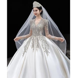 Satin Wedding Dress for Bride 2026 New Long Sleeve V-Neck Petite Starry Sky Heavy Embellished Going-Away Dress Lightweight