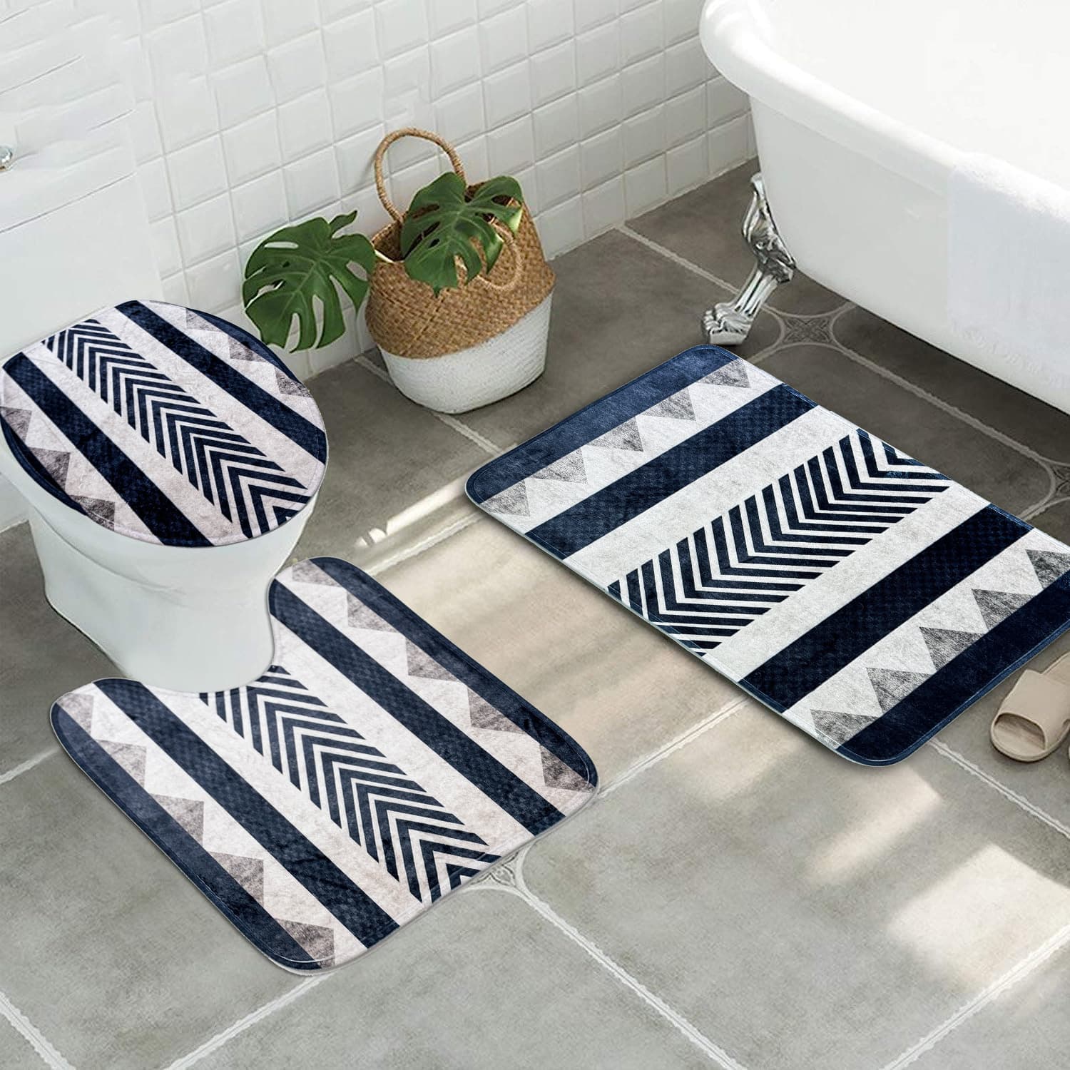 Cross-Border Simple Flannel Printed Toilet Floor Mat Carpet Bathroom Toilet Three-Piece Set Absorbent Bath Mat Soft Mat