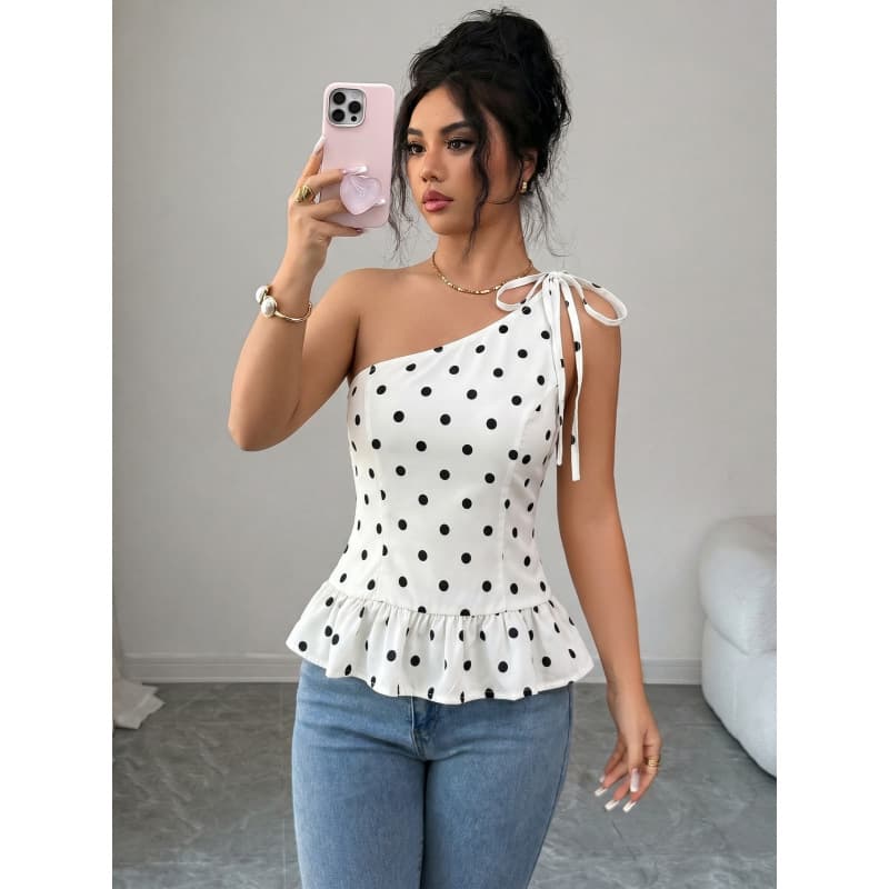 Women's Summer New Fashion Casual Polka Dot Date Hem Ruffle Single Shoulder Tie Top Suitable for Dates