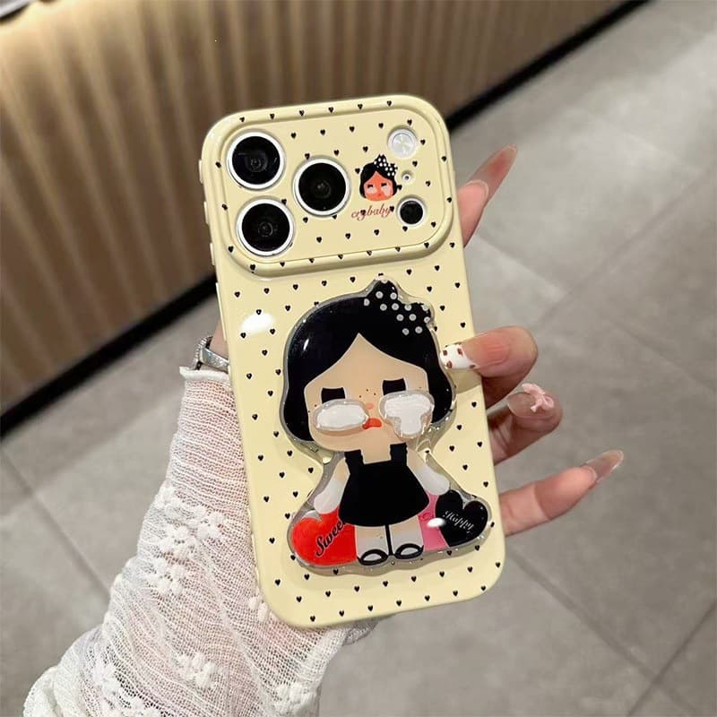 Instant iPhone 17 style case, cartoon polka dot crying doll with stand, iPhone 12 shockproof side heart soft shell