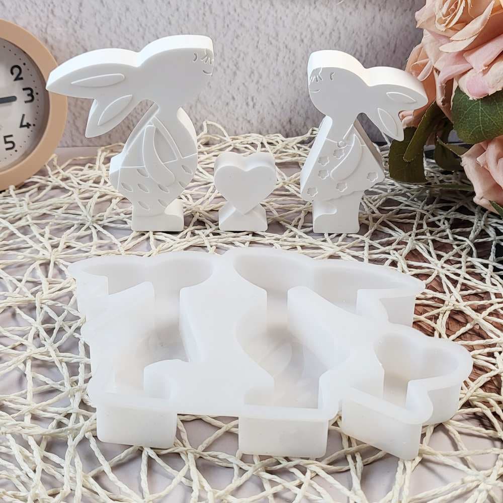 S1047 Couple Rabbit Set Ornament Decoration Cement Plaster Mold DIY Silicone Mold