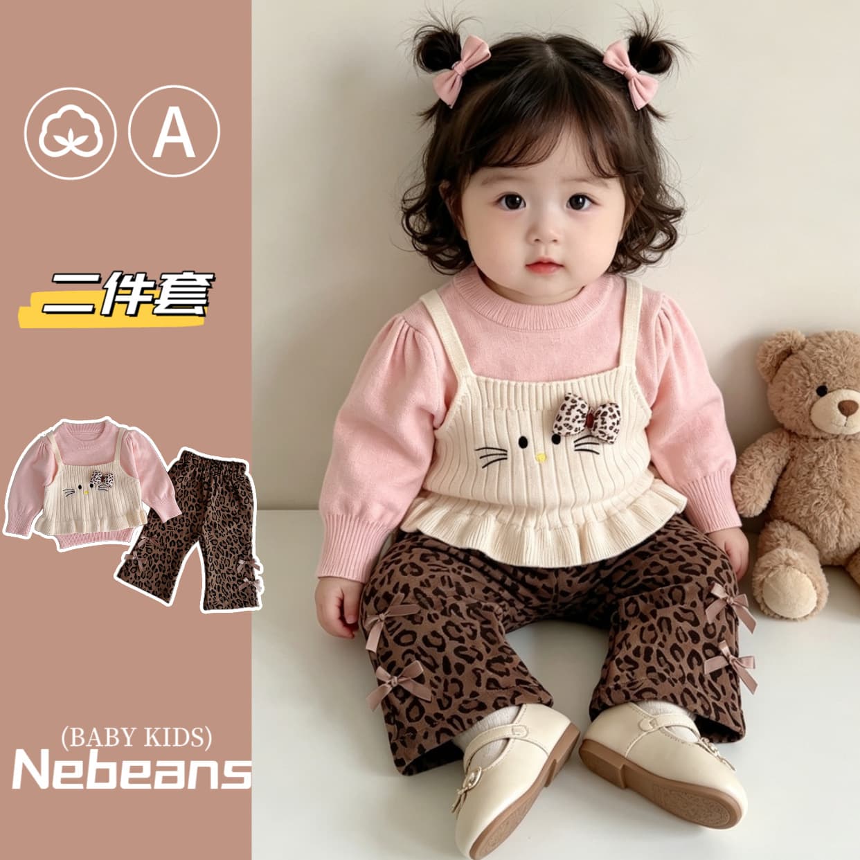 [2-Piece Set] Lebin Home Trendy Girl Autumn Winter Knit Sweater Set Leopard KITTY Sweater Pants