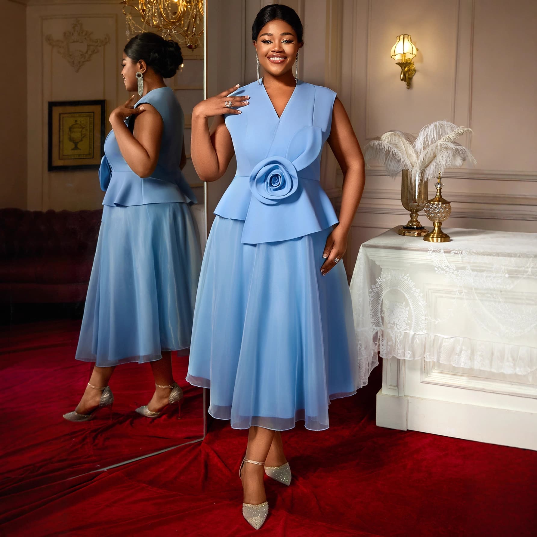 Plus Size Women's Light Blue Elegant V-Neck Dress 3D Floral Formal Occasion Fashion Party Evening Gown