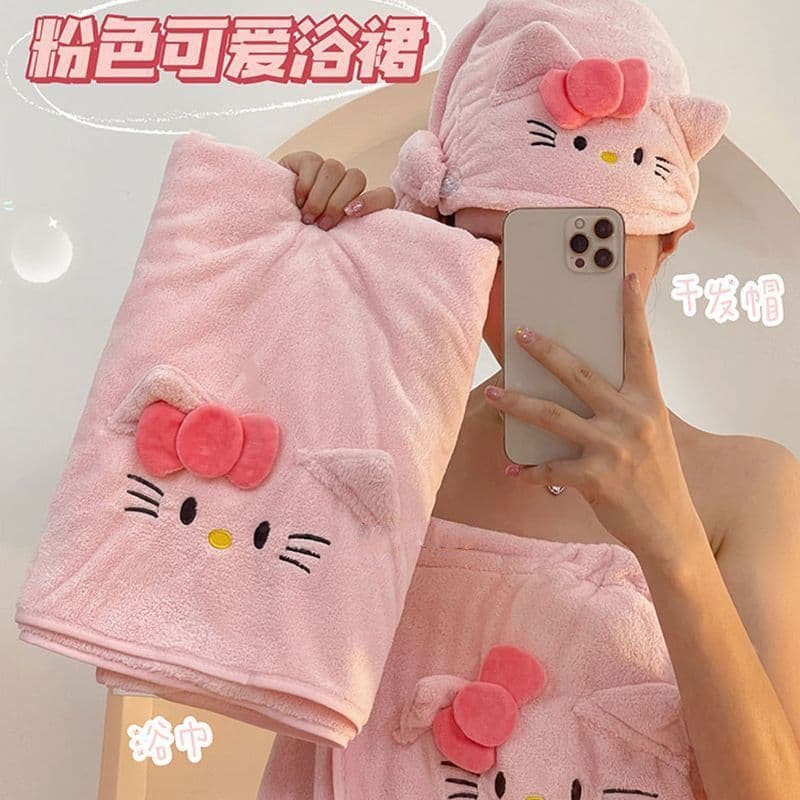 HelloKitty Hair Drying Cap Cute Girl Bath Wrap Towel Student Dormitory Bath Towel Coral Velvet Towel Bath Towel