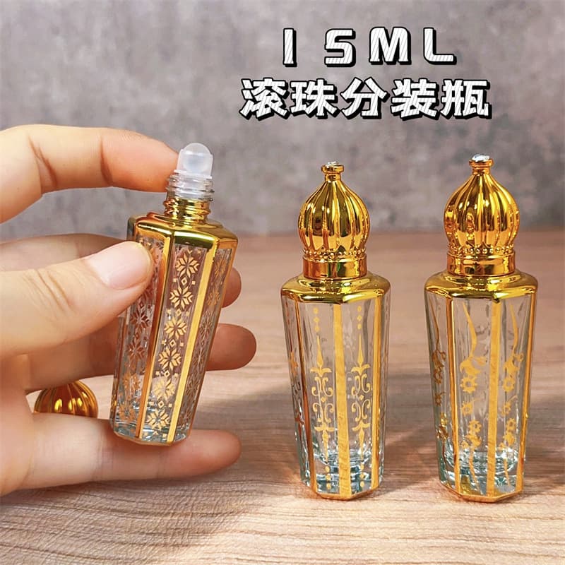 High-End Portable Perfume Bottle 15ml Electroplated Rhombus Roller Ball Bottle Essential Oil Massage Glass Bead Rolling Ball Empty Bottle