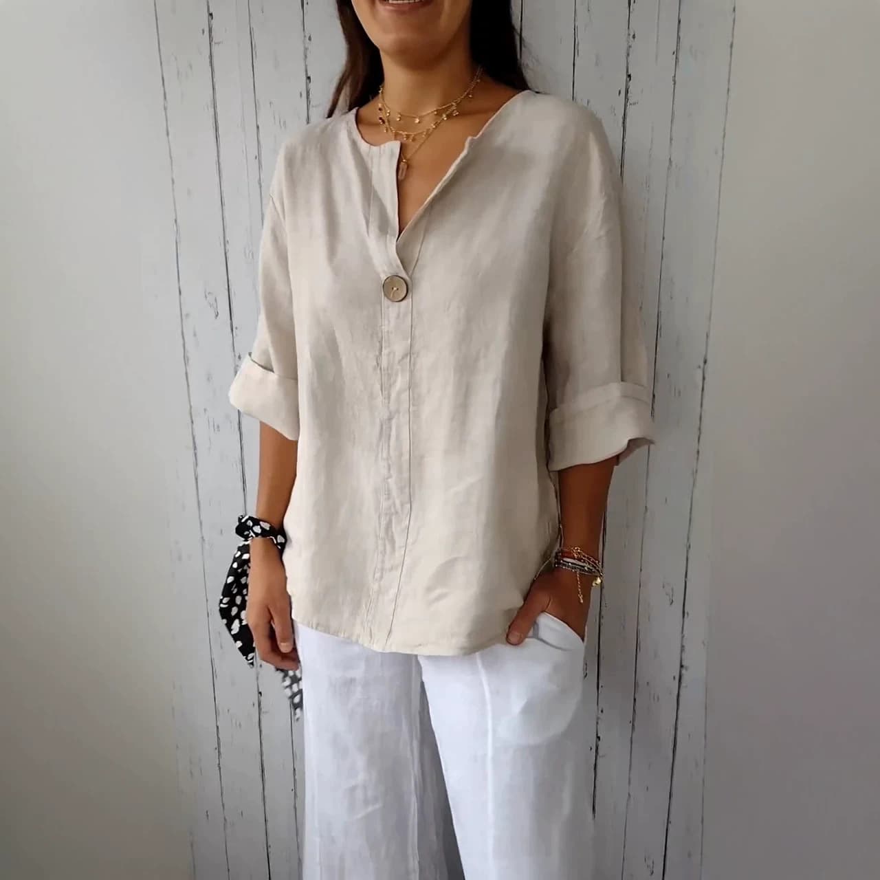Amazon 2026 cross-border European and American summer new loose T-shirt women's V-neck cotton and linen button top