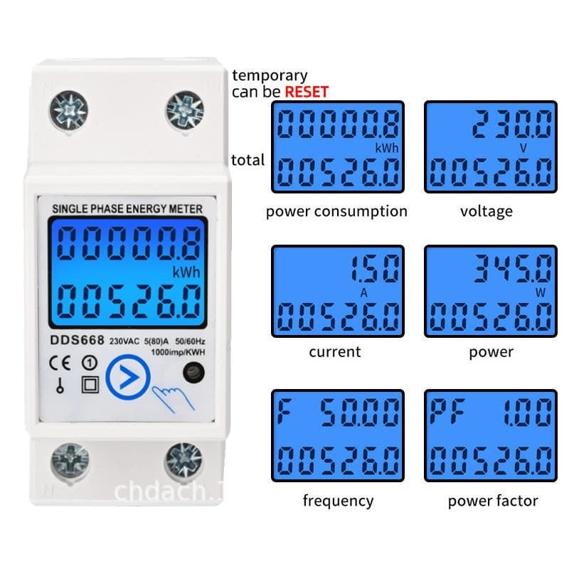 2P Meter for Export, Reset Single-Phase DIN Rail Energy Meter, Multifunctional 220V/110V/120V Multi-Display