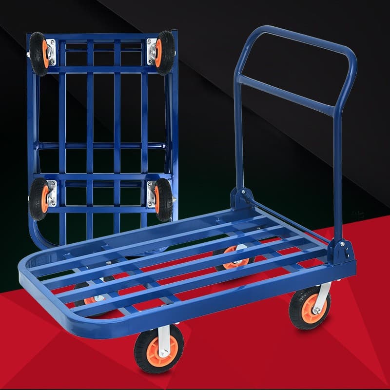Blue Square Tube Cart Cargo Flatbed Cart Logistics Hand Cart Silent Folding Four-Wheel Small Cart Warehouse Transport Trailer