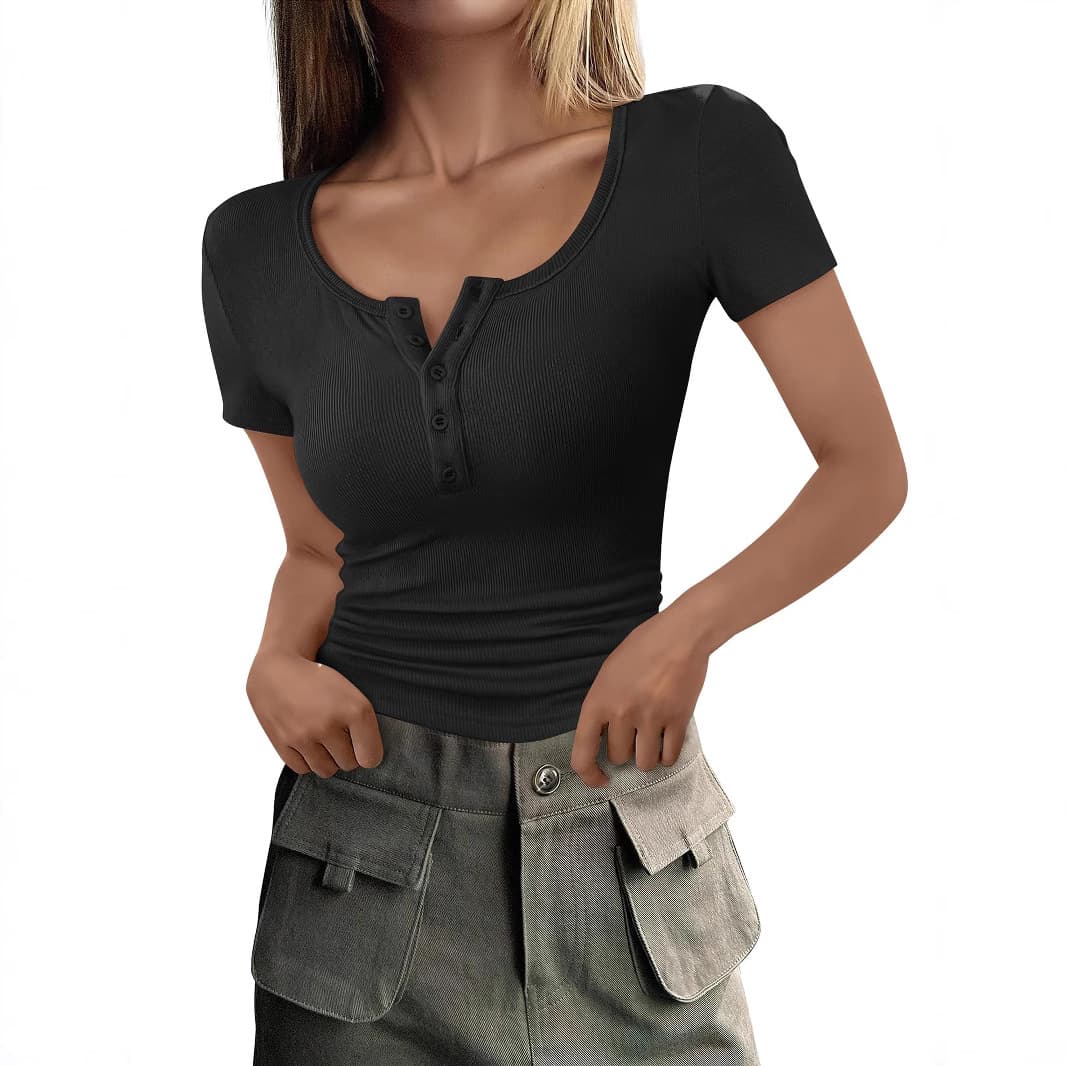 Women's Short Sleeve Henry Knitted Shirt Square Collar Buttoned Slim Fit T-Shirt Casual Basic Style Top Polyester Lycra Blend