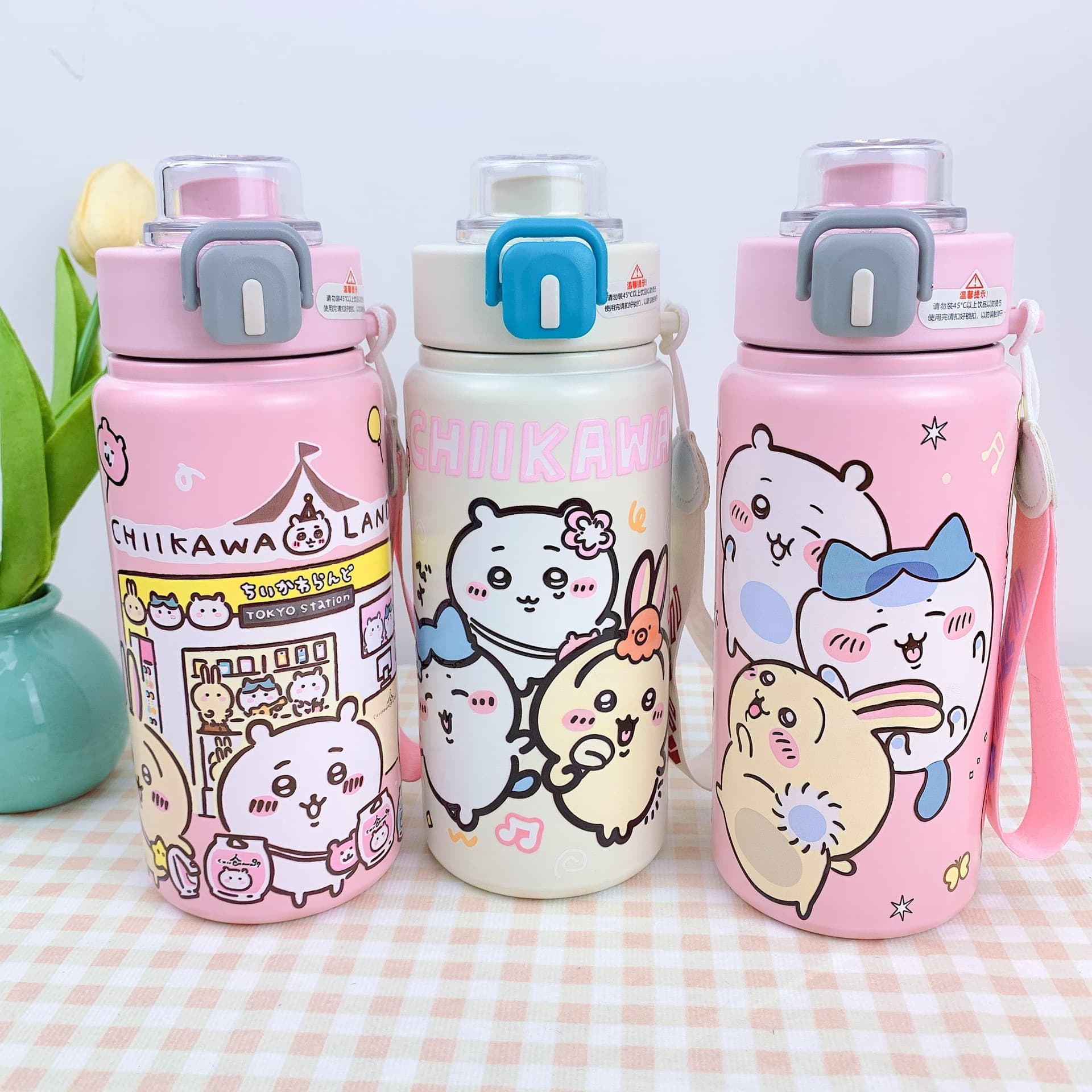 New Jiyka Wow Thermos Cartoon Chikawa Stainless Steel Double Drinking Cup Student Water Cup with Lanyard 600ml