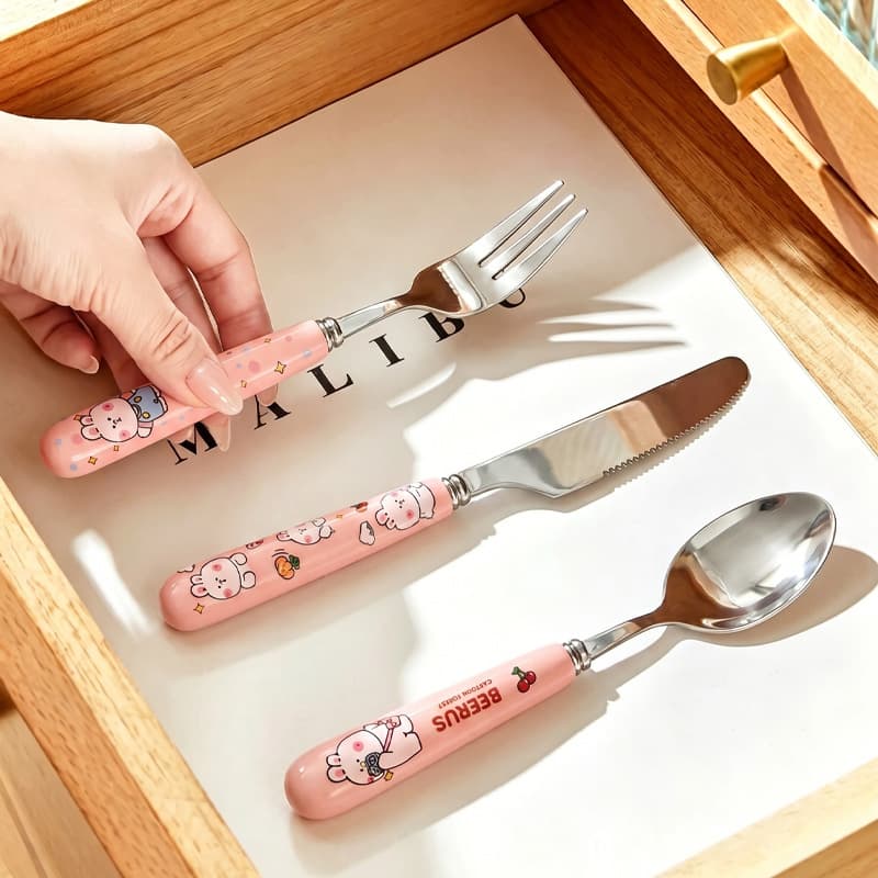 Bilusi Stainless Steel Children's Cutlery Set Kuromi Melody Cartoon Ceramic Handle Dessert Spoon Fruit Fork