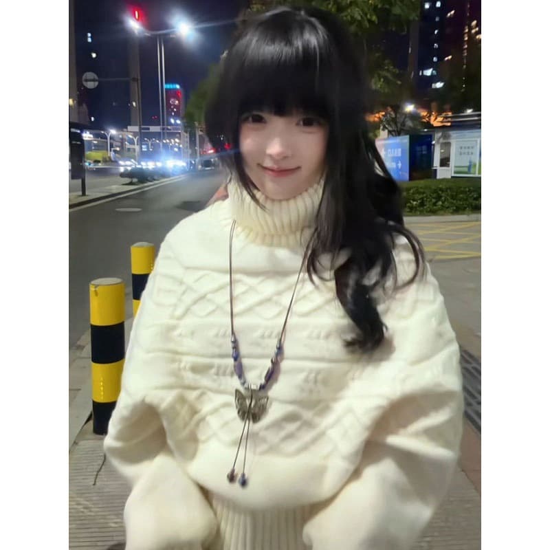 Actual Price [Three-Ply Cashmere] Korean High-Neck Cable Knit Sweater Women's Fall Winter Loungewear Style Thick Knit Top