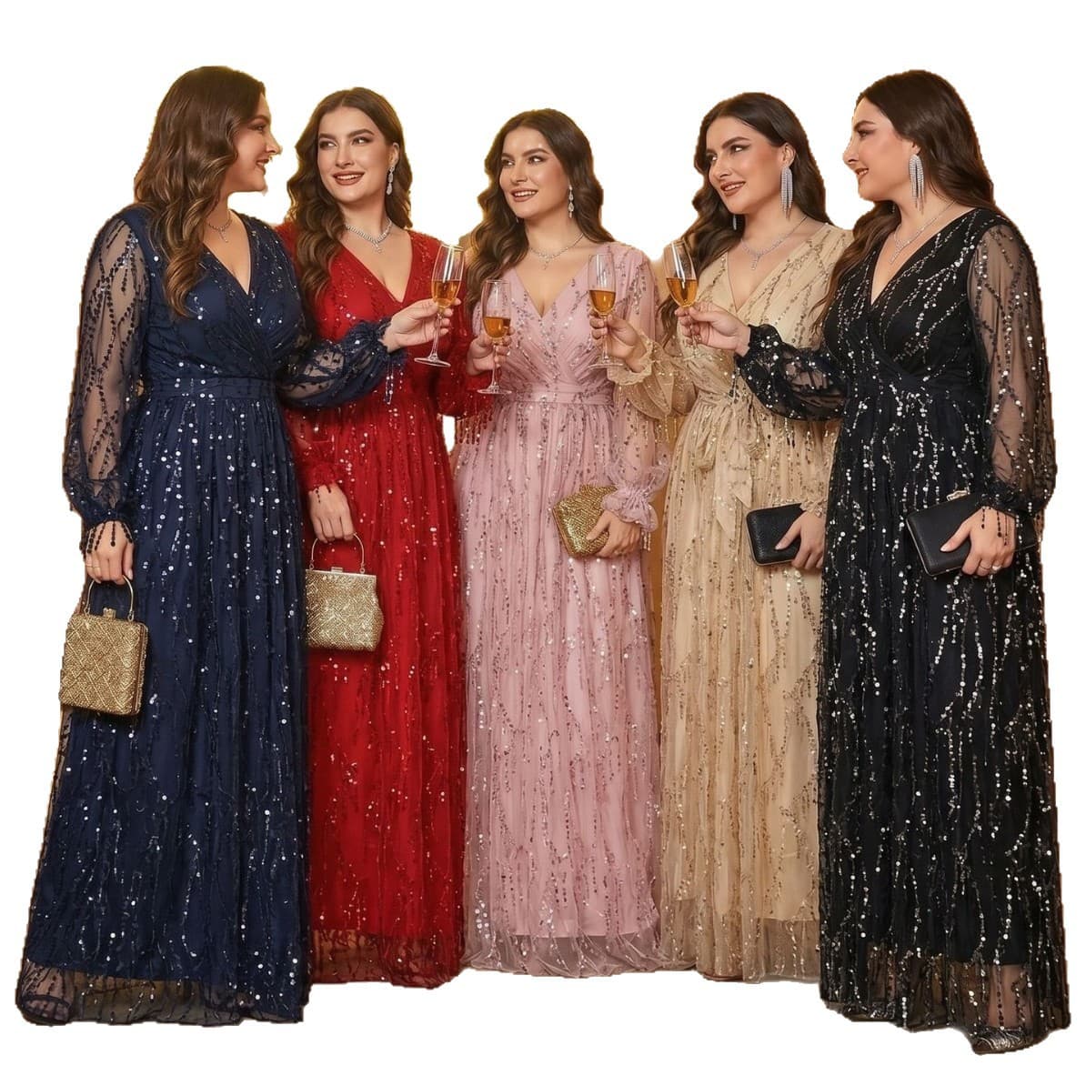 Plus Size Women's Dress European American V-Neck Long Sleeve Slit Sequins Elegant Plus Size Bridesmaid Dress Slim Fit
